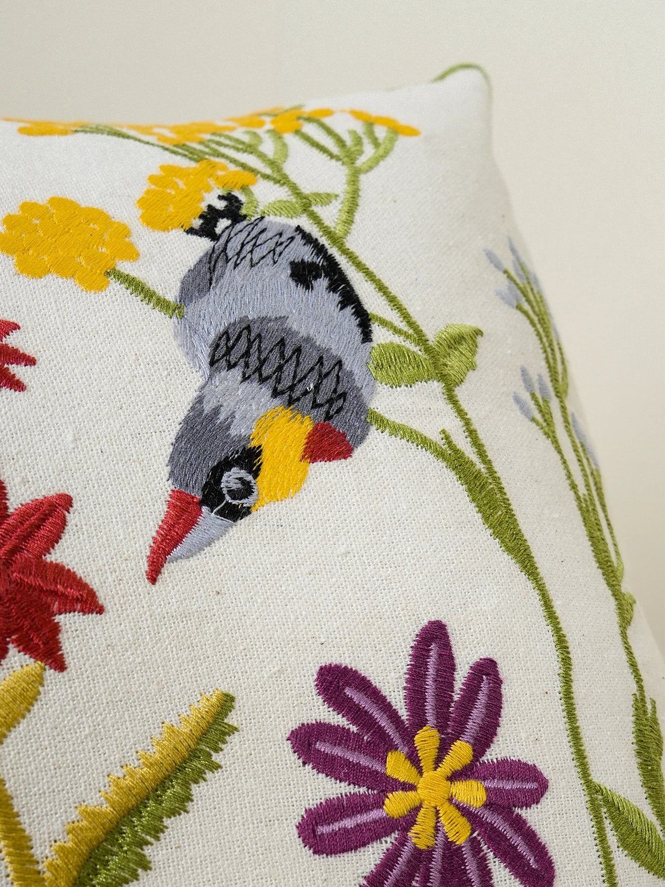 Floral Birds Embroidered Throw Pillow Cover – Boho Home Decor Accent