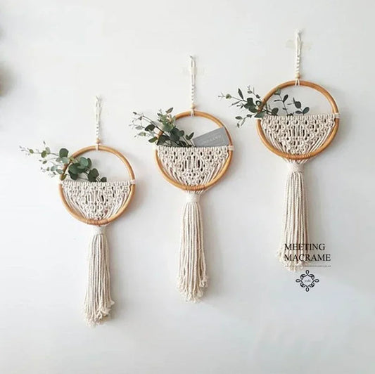 Boho Macrame Wall Hanging with Flower Pot Pocket – Handmade Nordic Round Wall Tapestry | Dorm Room & Home Decor