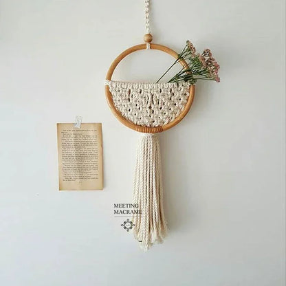 Boho Macrame Wall Hanging with Flower Pot Pocket – Handmade Nordic Round Wall Tapestry | Dorm Room & Home Decor