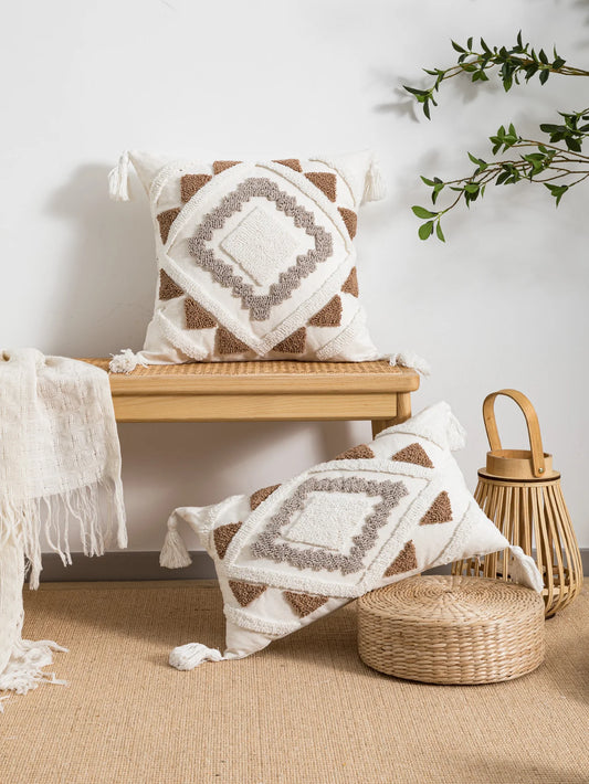 Geometric Tufted Pillow Cover With Tassels – Boho Home Decor Accent for Couch, Bed & Living Room