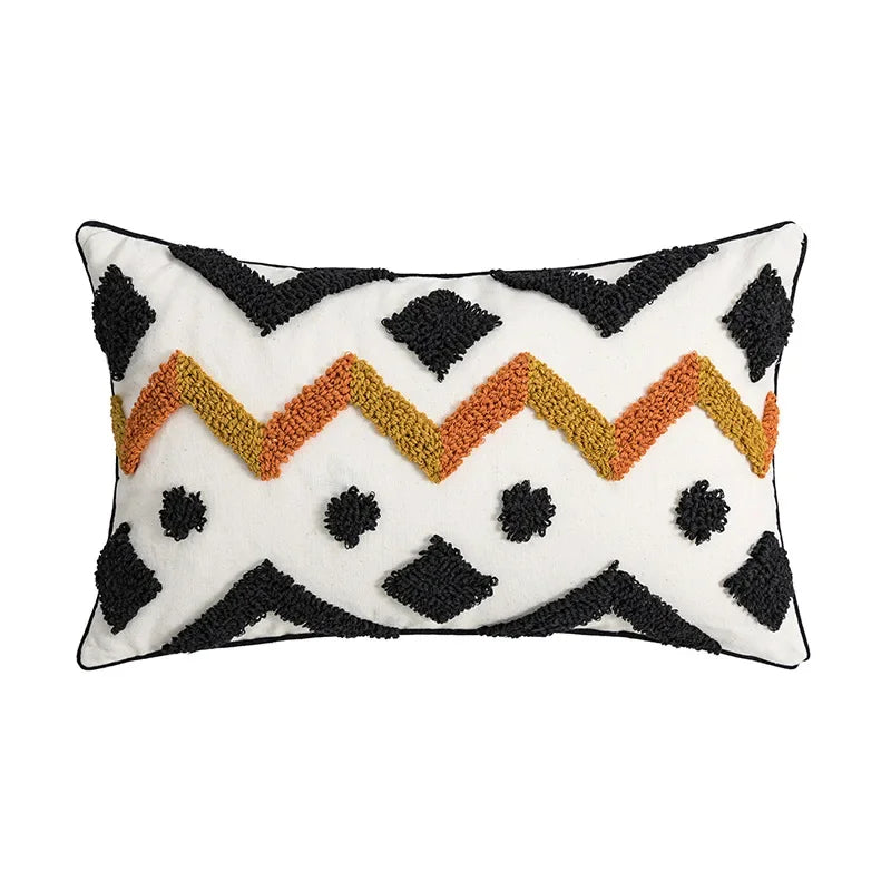 Decorative pillow with geometric pattern on a white background Nordic blue tufted cushion cover with geometric stripe and grid crochet pattern, tassel pillow cover for sofa, bed, and boho home decor