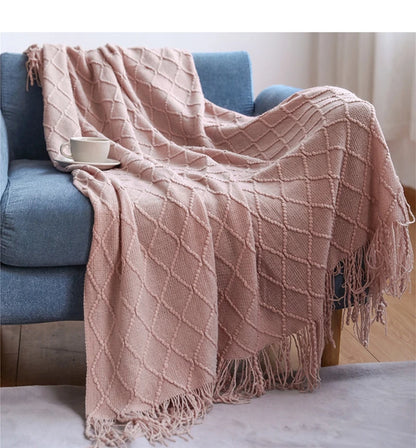 Pink Boho Nordic Knitted Throw Blanket with Tassels – Geometric Diamond Design for Bed, Couch, and Living Room