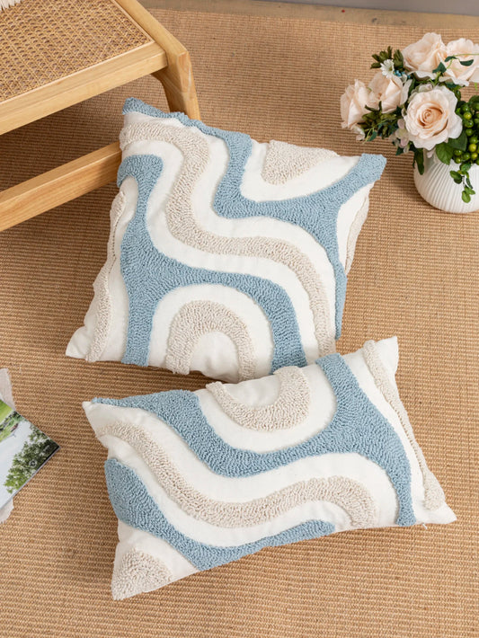 Blue & White Abstract Geometric Embroidery Pillow Cover – Boho Home Decor Accent