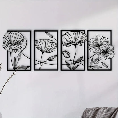Metal Lotus Line Art Wall Decor – 4-Piece Set