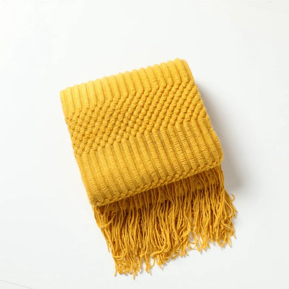 Yellow Boho Nordic Knitted Throw Blanket with Tassels – Geometric Diamond Design for Bed, Couch, and Living Room