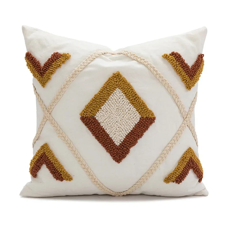 Decorative pillow with geometric pattern on a white background Nordic blue tufted cushion cover with geometric stripe and grid crochet pattern, tassel pillow cover for sofa, bed, and boho home decor