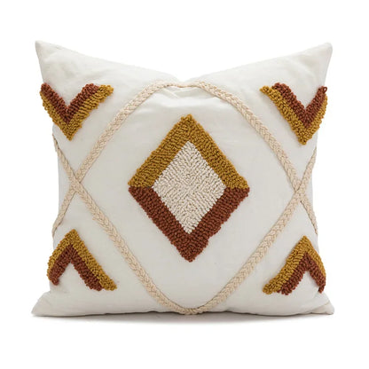 Decorative pillow with geometric pattern on a white background Nordic blue tufted cushion cover with geometric stripe and grid crochet pattern, tassel pillow cover for sofa, bed, and boho home decor