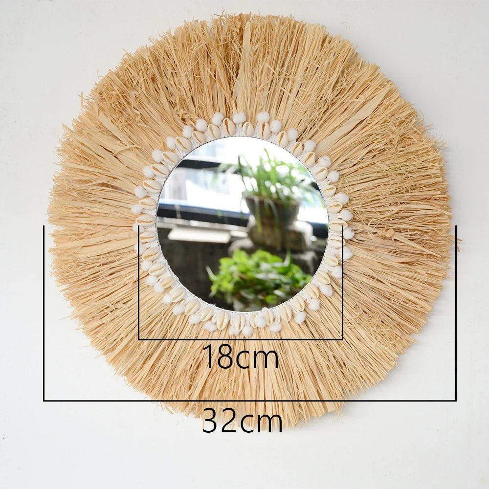 Round mirror with raffia frame and bead accents, showing dimensions on a white background. boho home decor, boho wall mirror, macrame wall mirror, nordic decor, romantic wedding wall decoration, housewarming gift, round straw mirror, woven wall decor, tapestry mirror, boho bedroom wall accent, rustic mirror wall hanging