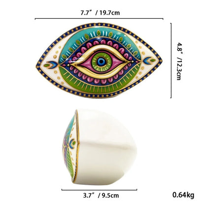 Moroccan Turkish blue evil eye ceramic figurine, unique bohemian home decor accent perfect for eclectic and boho home styles, adds soulful vibes and a cozy touch to any room, great for gifting as a boho home decor gift or housewarming present.