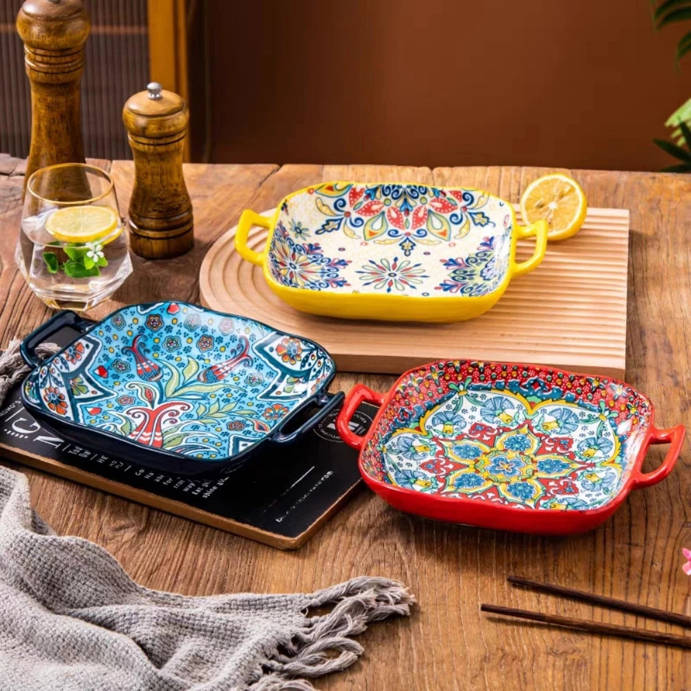 Boho Double-Ear Ceramic Pasta & Salad Plate – Square Oven-Safe Serving Dish