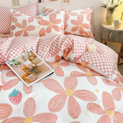 Pink Floral Boho Bedding Set – Soft Microfiber Duvet Cover, Flat Sheet & Pillowcases