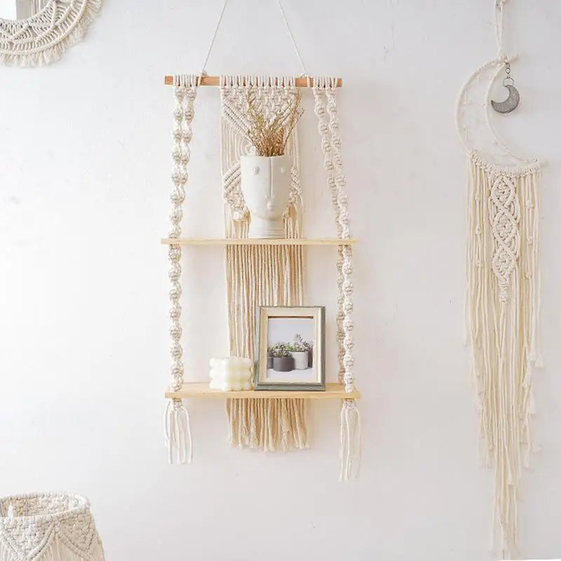 2 Tier Macrame Wall Hanging Floating Shelf Natural Cotton Rope Boho Home Decor Wooden Shelves Candle Holder Hangings Shelving