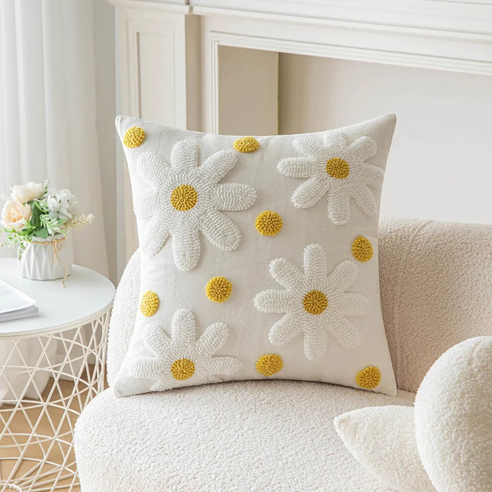 Embroidered Flower Throw Pillow Covers – Boho Cotton Cushion Covers for Bed, Sofa & Home Decor Housewarming Gift for Boho Lover 
