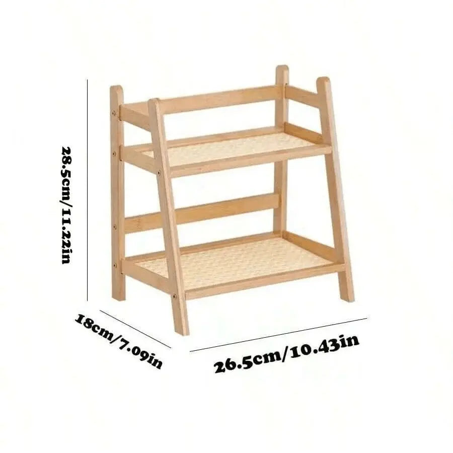 Wooden shelf with dimensions labeled on a white background 2-tier bamboo countertop organizer shelf in walnut and blonde finish, multipurpose coffee cup holder and storage rack for kitchen, bathroom, or vanity