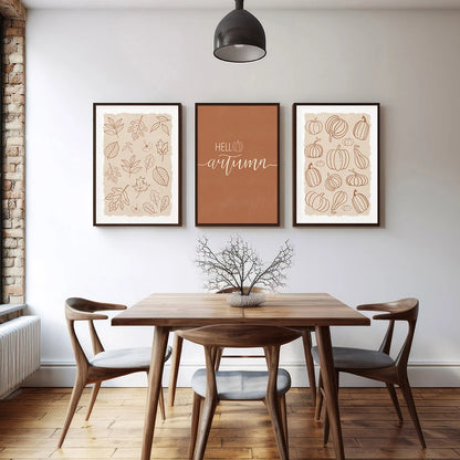 Rustic Fall Poster Set – Minimalist Autumn Leaves & Pumpkin Canvas Wall Art for Seasonal Home Decor