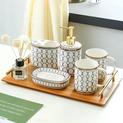 Ivory Porcelain & Gold-Plated Ceramic Bathroom Set – Pink Stripes