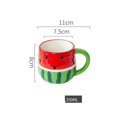 Watermelon-themed mug with dimensions on a white background Creative watermelon ceramic mug, kawaii coffee and milk cup with hand-painted design, 500ml porcelain drinkware for kitchen decor