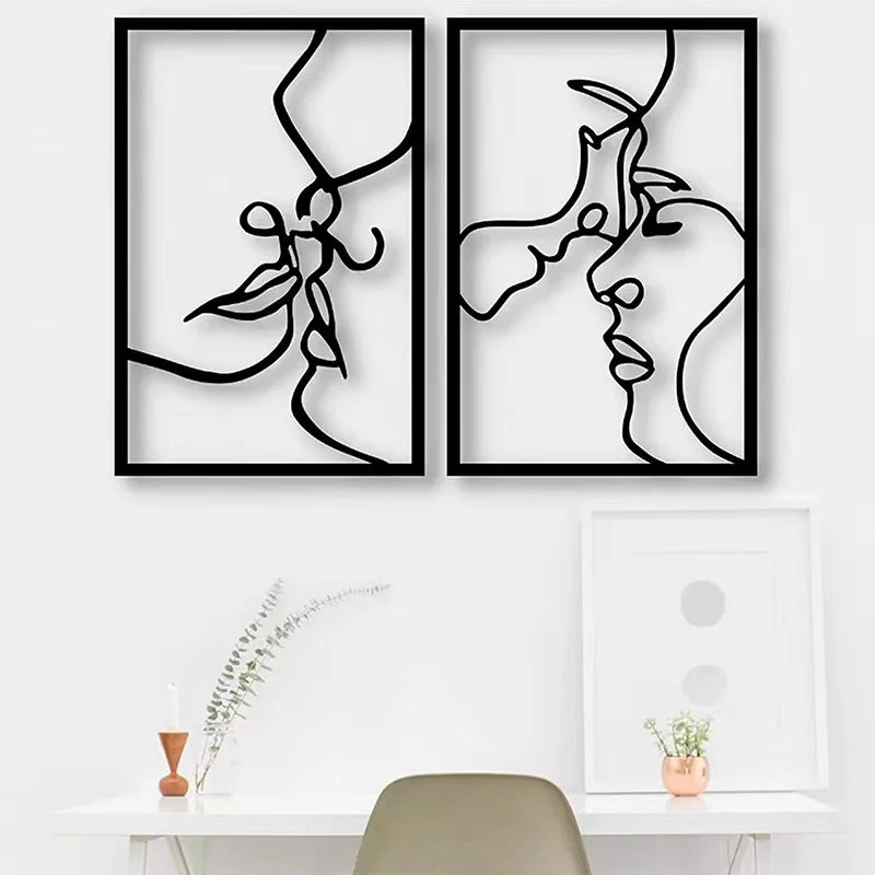 Woman Face Body Outline Kiss Silhouette Iron Wall Hanging Decor Abstract Line Ornament Beautiful Art for Living Room Bedroom Home Artwork Decor