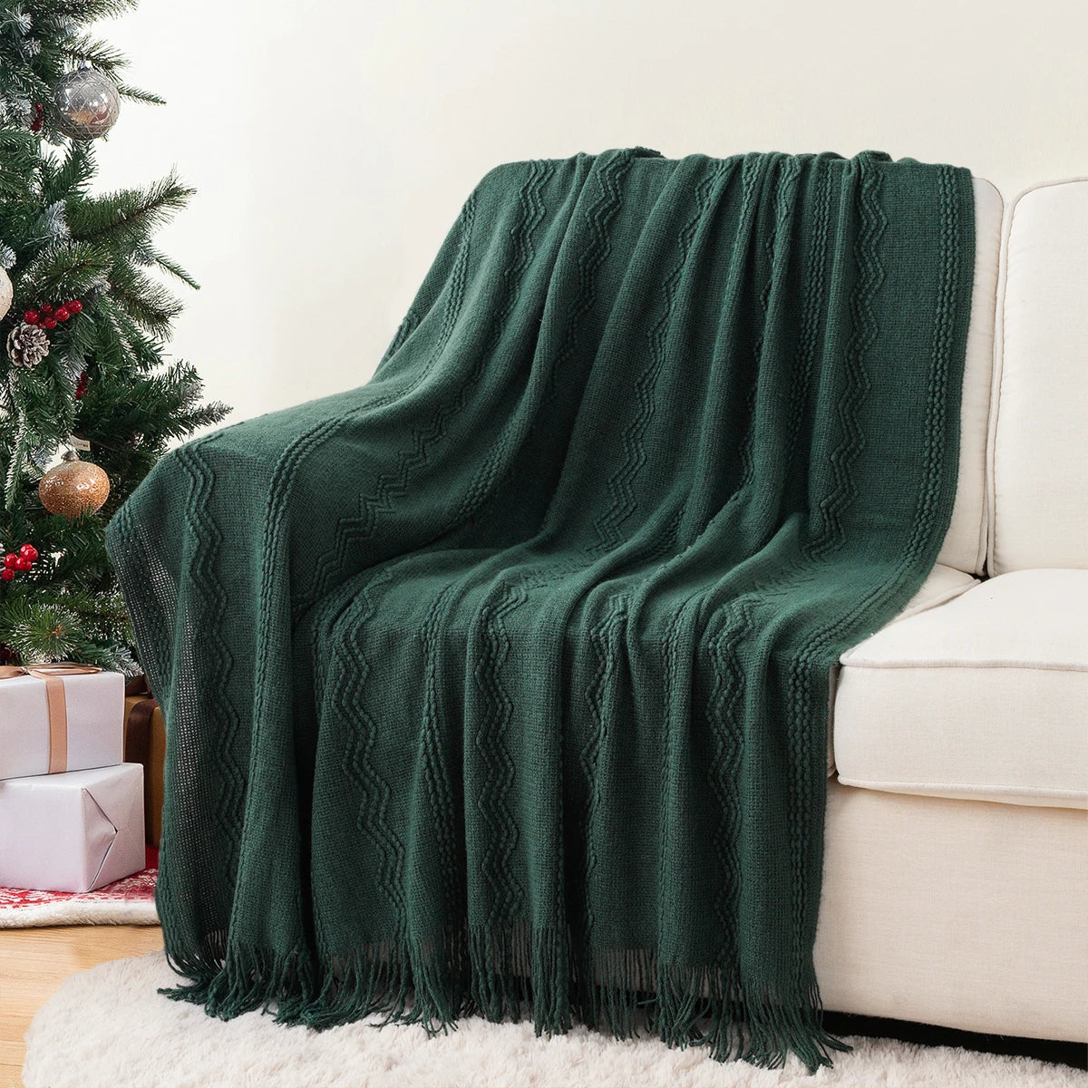 Boho Knit Throw Blanket – Soft Lightweight Acrylic Blanket with Tassels