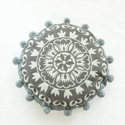 Boho Mandala Round Cushion Cover – Moroccan-Inspired Embroidered Throw Pillow Case for Boho Home Decor