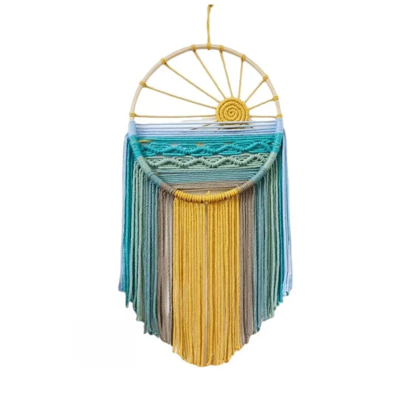 Sunrise & Sunset woven boho wall hanging displayed on wall, Nordic style cotton tapestry featuring warm earthy tones, perfect for boho home decor and eclectic interior design ideas, adds cozy bohemian vibes and textured aesthetic home decor to any living room or bedroom.