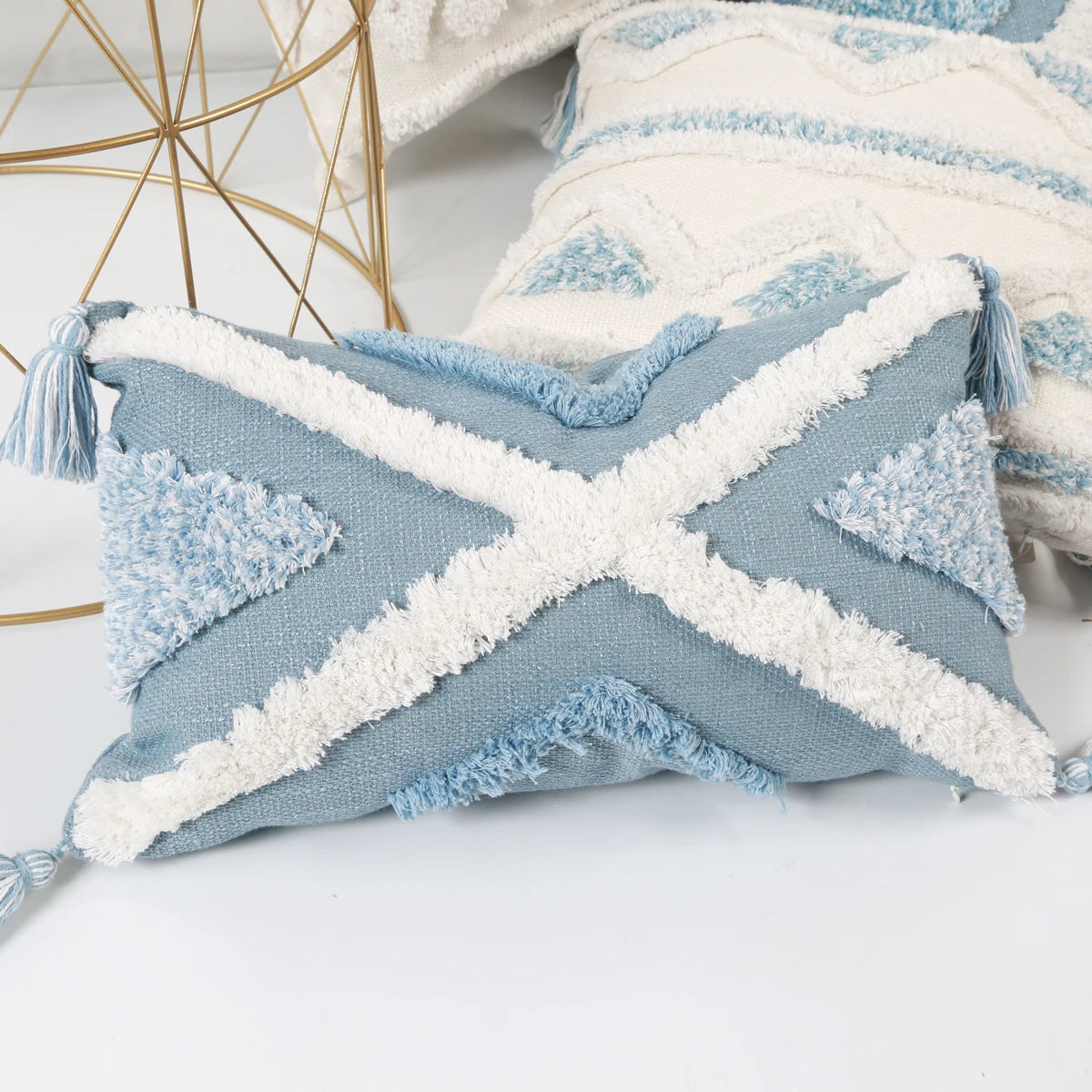 Blue Geometric Tufted Pillow Cover with Tassels – Boho Home Decor Housewarming Gift Accent for Couch, Bed & Living Room
