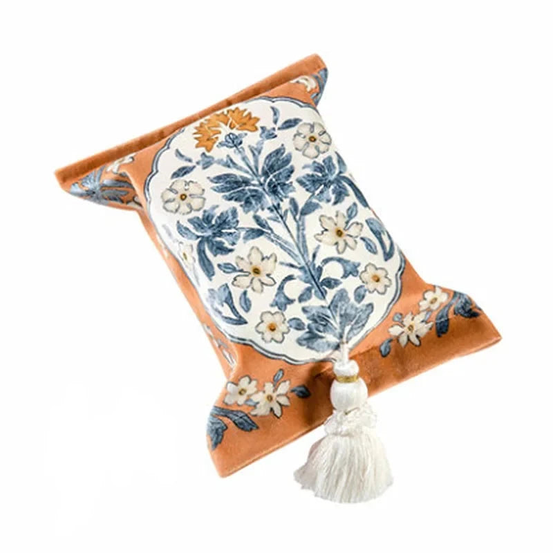 Decorative pillow with floral pattern and tassel on a white background boho home decor, reusable tissue bag, cotton tassel tissue holder, plush tissue organizer, bathroom tissue box cover, car tissue case, American style tissue pouch, soft fabric tissue holder, decorative tissue box, housewarming gift, eco-friendly storage
