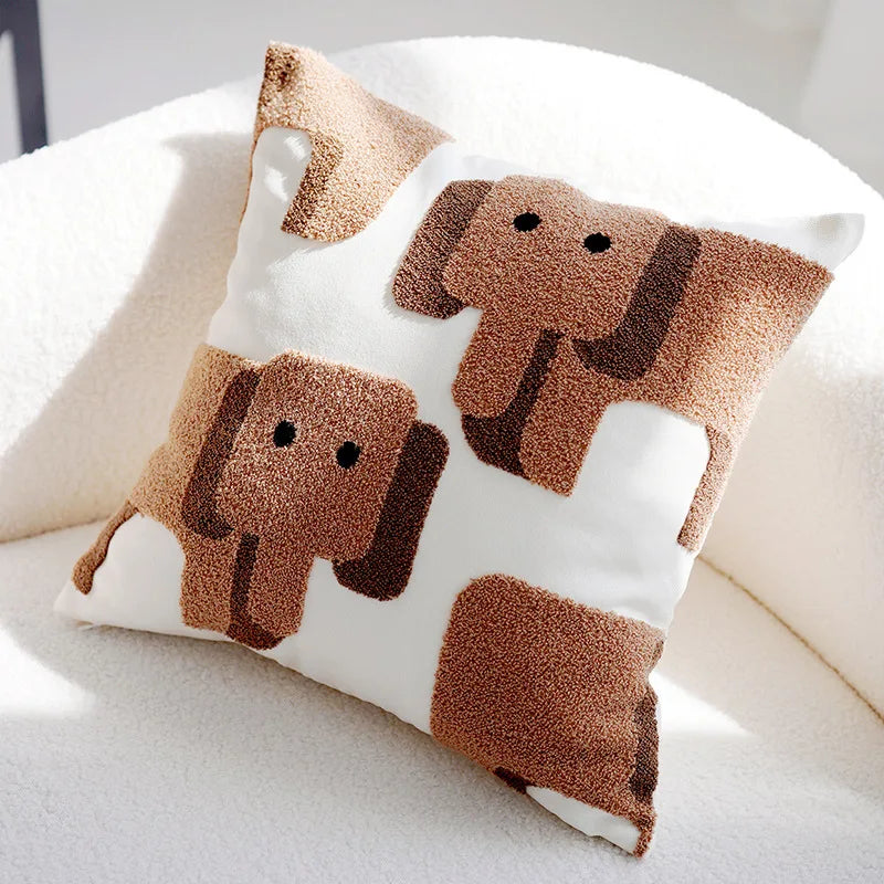 My Boho Home Nordic Embroidered Animal Pillow Cover – Modern Boho Plush Cushion for Couch, Bed or Nursery Elephant 