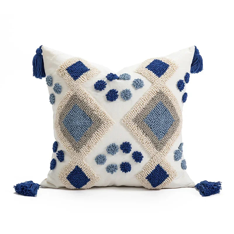 Boho Loop Tufted Cushion Cover – Handmade Cotton Canvas Pillow with Tassels & Embroidery