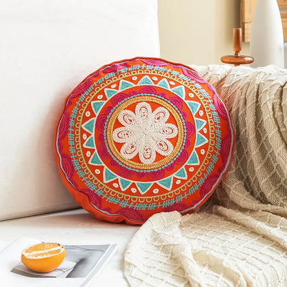 Boho Mandala Round Cushion Cover – Moroccan-Inspired Embroidered Throw Pillow Case for Boho Home Decor