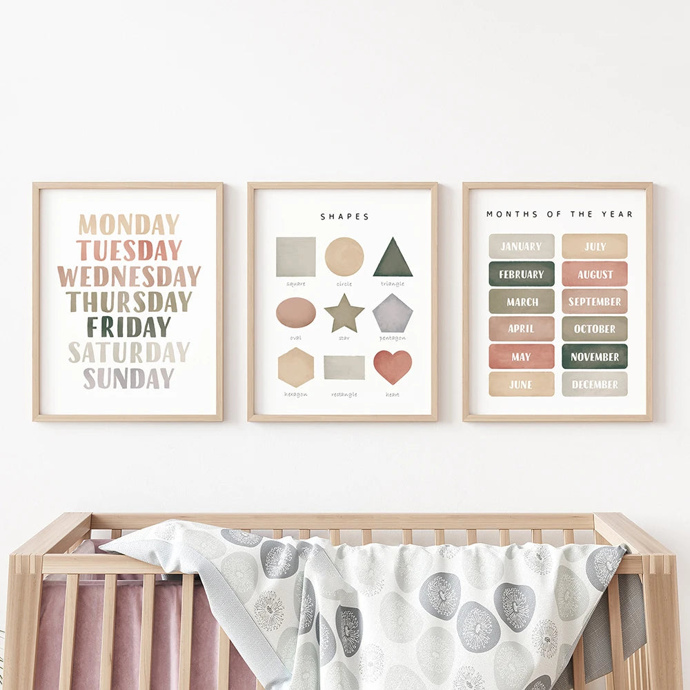 Alphabet & Number Educational Canvas Prints – Boho Nursery Wall Art