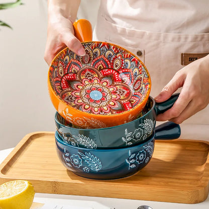 Bohemian Ceramic Single Handle Bowl – Artistic Bowl for Soups, Noodles & More