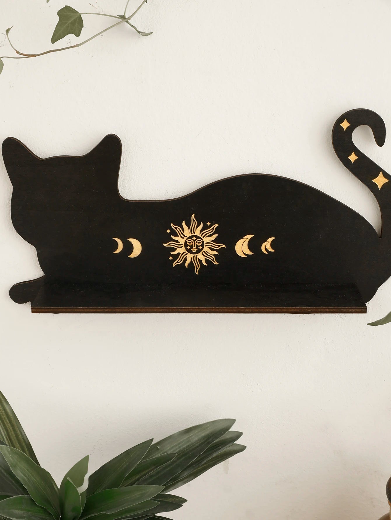 Black Cat Wooden Floating Shelf Moon Phase Chakra Crystal Stone Display Stand Wall Shelf Witch Home Decor Boho Room Decor Home Bedroom