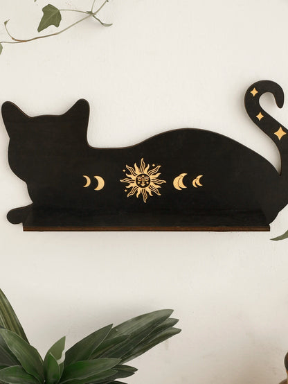 Black Cat Wooden Floating Shelf Moon Phase Chakra Crystal Stone Display Stand Wall Shelf Witch Home Decor Boho Room Decor Home Bedroom
