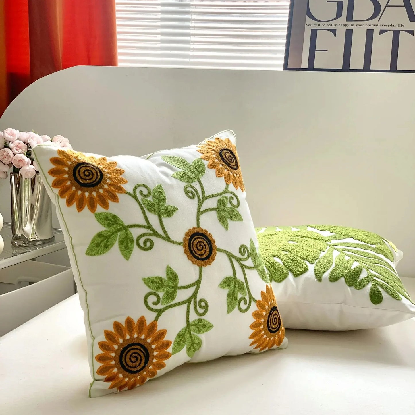 Flower Embroidered Plush Throw Pillow Cover – Minimalist Boho Cushion for Sofa, Bed, or Chair | 18x18 Inch | Garden-Inspired Housewarming Gift