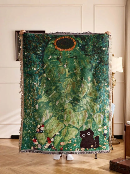 Cat Woven Throw Blanket – Jacquard Tapestry Sofa Cover for Cozy Home & Picnic Use