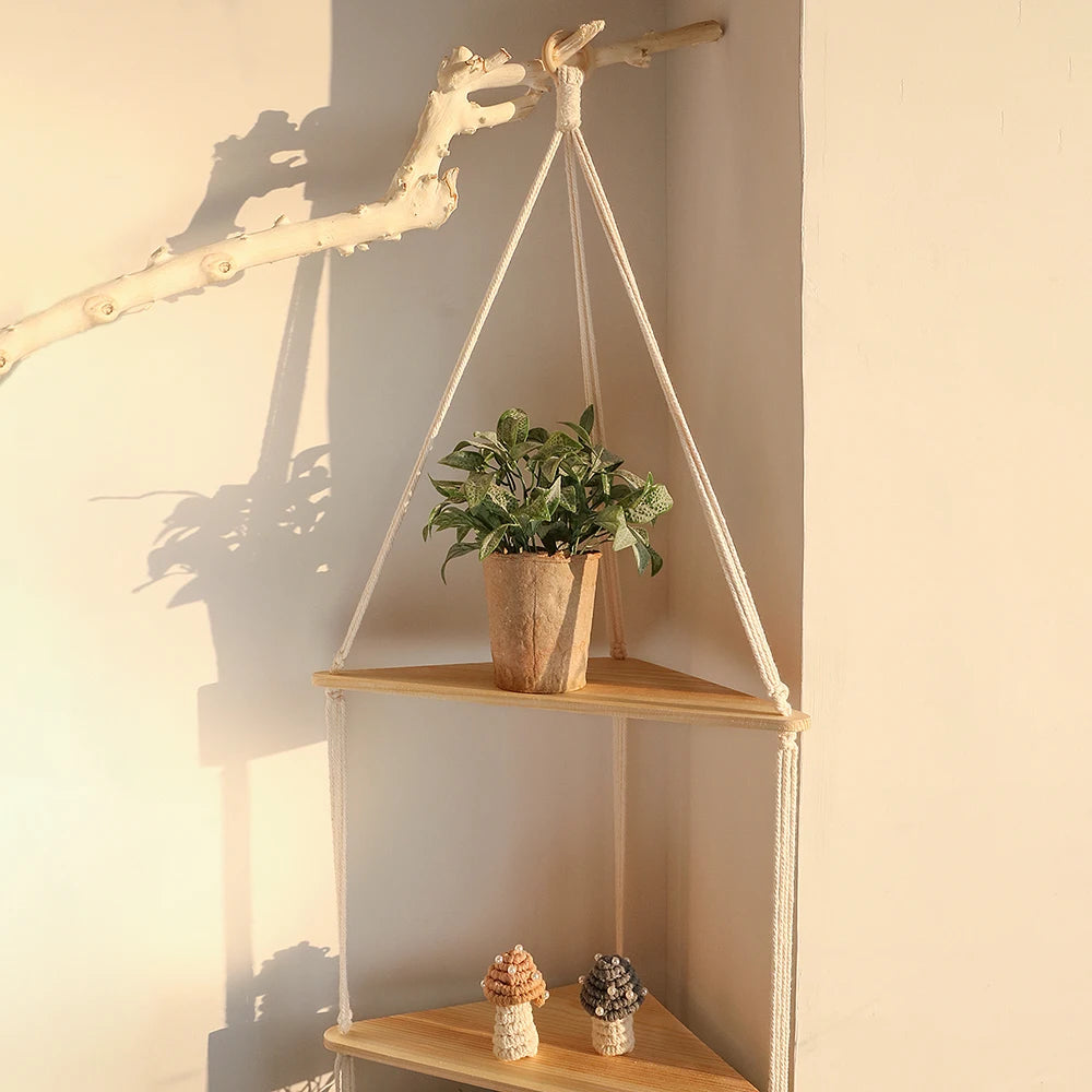Boho Macrame Hanging Wooden Shelf – Handcrafted Floating Wall Shelf for Home Decor