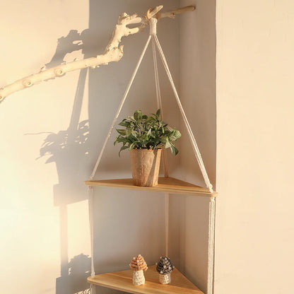 Boho Macrame Hanging Wooden Shelf – Handcrafted Floating Wall Shelf for Home Decor