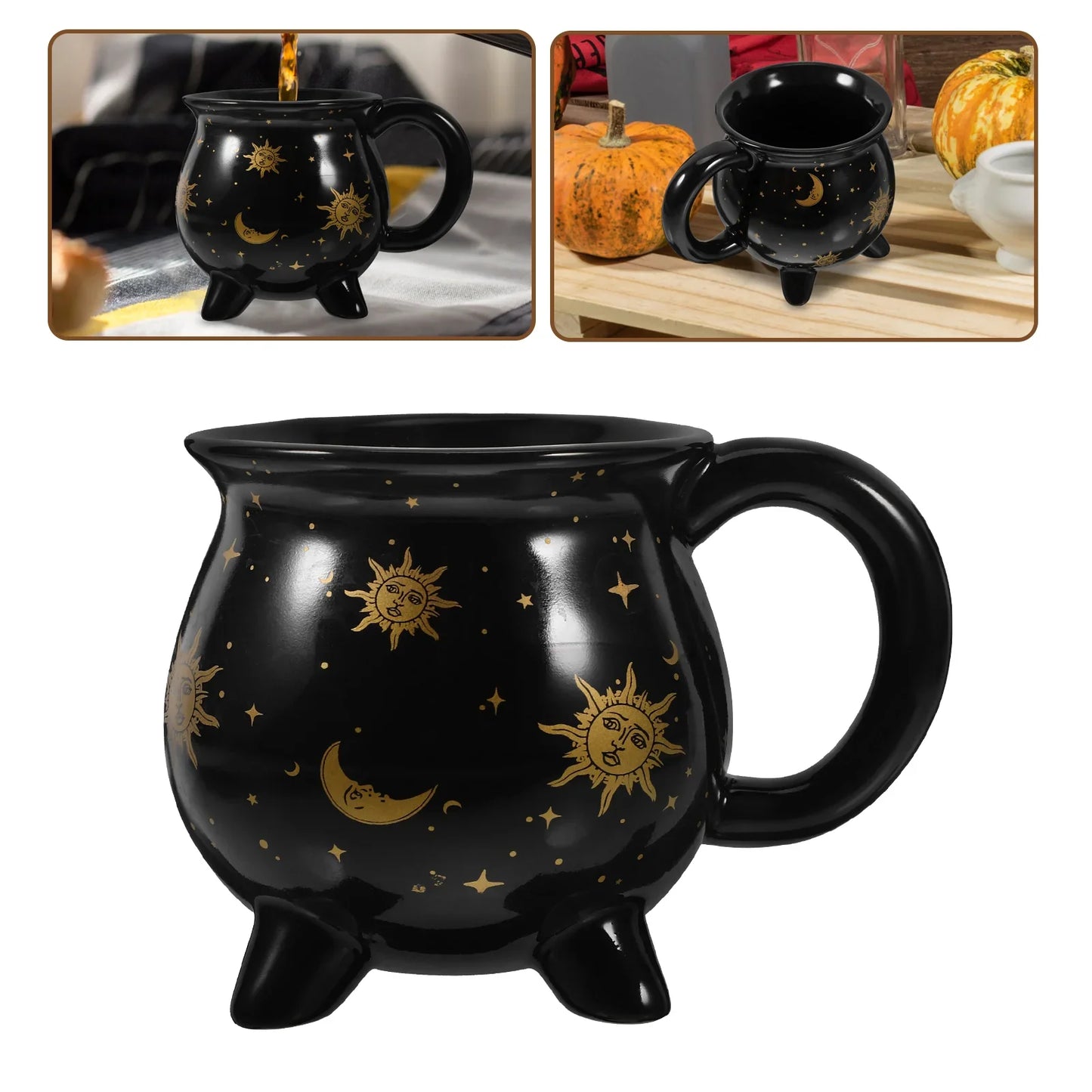 Black mug with sun and moon designs on a white background boho home decor, witch coffee mug, ceramic cauldron cup, black witch mug, Halloween kitchen decor, spooky housewarming gift, gothic home, potion mug, witchy drinkware, holiday mug for her, cozy boho kitchen accessories