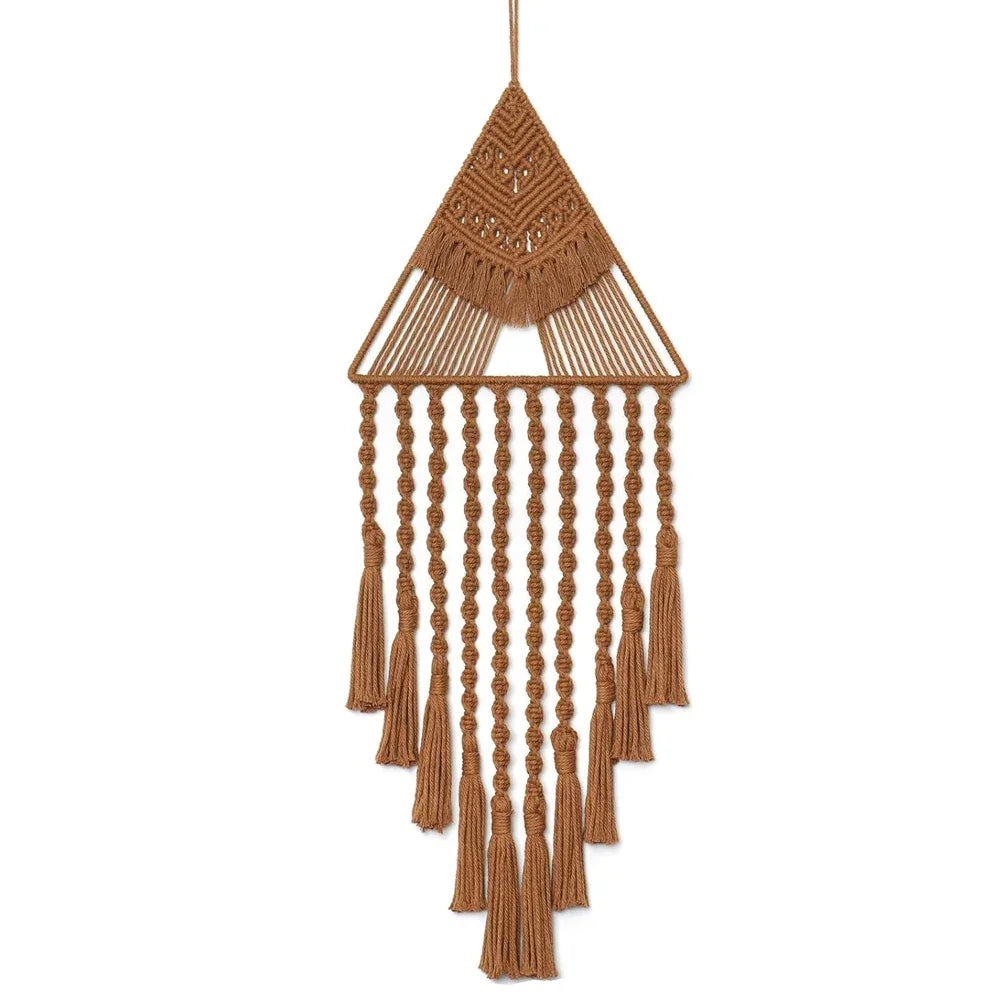 Brown macrame wall hanging with geometric design on a white background boho home decor, macrame wall hanging, triangle dream catcher, woven tapestry, handmade cotton wall decor, tassel wall hanging, bedroom door decor, housewarming gift, rustic bohemian art, boho apartment wall decor, neutral textile art