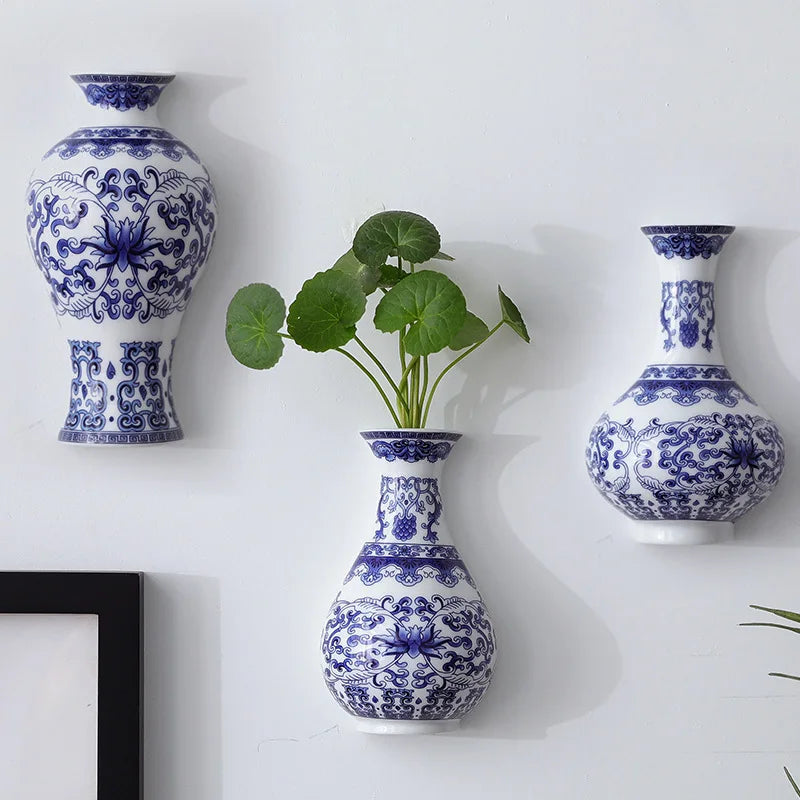 Antique Blue & White Ceramic Wall Vase – Post-Modern Hanging Porcelain Flower Pot