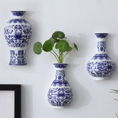 Antique Blue & White Ceramic Wall Vase – Post-Modern Hanging Porcelain Flower Pot