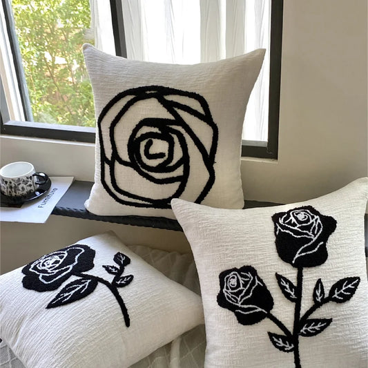 Black Rose Embroidered Cushion Cover – Nordic Chenille Pillowcase for Elegant Living Room Decor