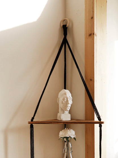 Boho Macrame Hanging Wooden Shelf – Handcrafted Floating Wall Shelf for Home Decor