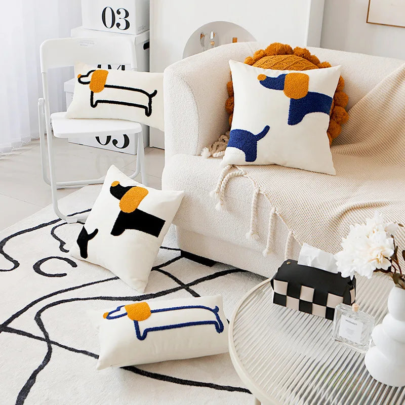 Modern Embroidered Dog Pillow Cover – Cute Animal Cushion Case for Sofa or Bed | Boho Home Decor - Housewarming Gift for Dog Lover