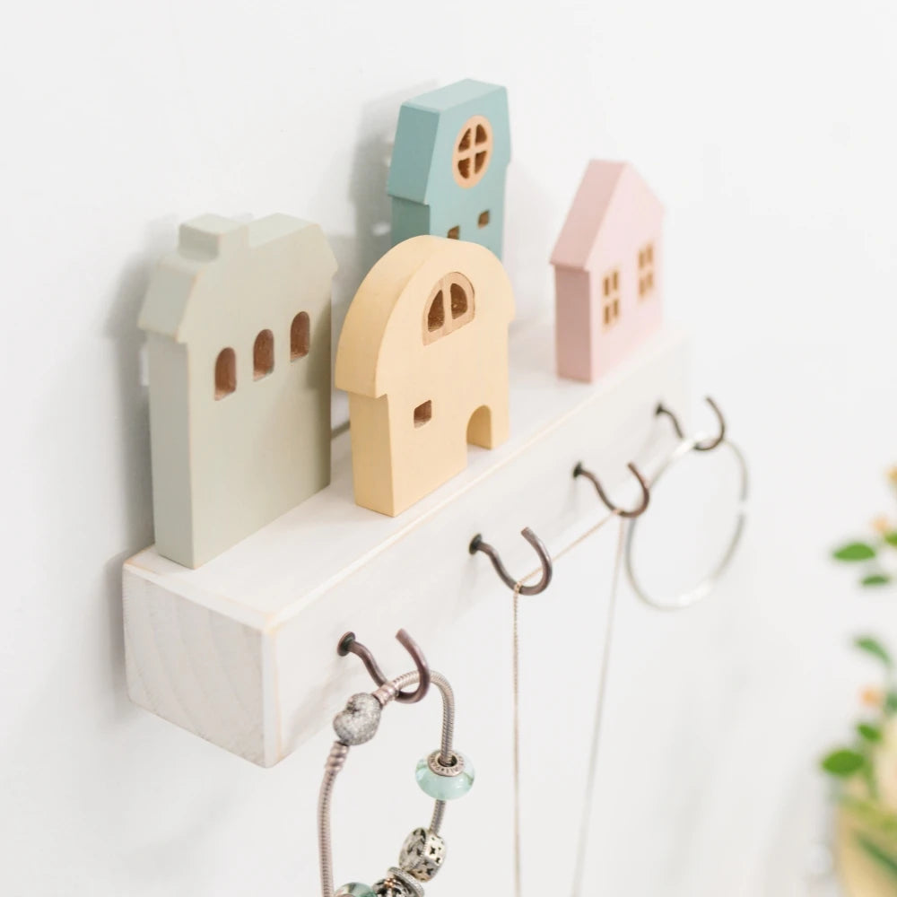 🏡 Fairytale Town Wall Hook Rack – Boho Wooden Key Holder & Decorative Village Scene Organizer