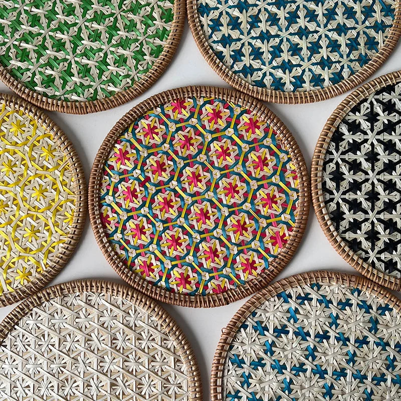 Hand-Woven Bamboo Boho Placemats – Round Rattan Table Mats for Rustic Kitchen