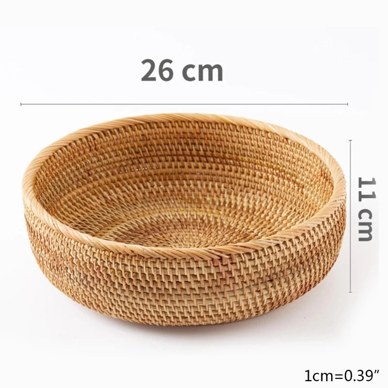 Woven basket with dimensions labeled on a white background boho home decor, rattan basket, handwoven wicker basket, fruit storage box, bread basket, picnic basket, natural storage bin, tea storage box, rustic home organization, farmhouse decor, housewarming gift, boho storage basket