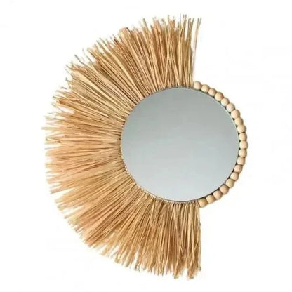 Round mirror with natural straw-like frame on a white background boho home decor, boho wall mirror, macrame wall mirror, nordic decor, romantic wedding wall decoration, housewarming gift, round straw mirror, woven wall decor, tapestry mirror, boho bedroom wall accent, rustic mirror wall hanging