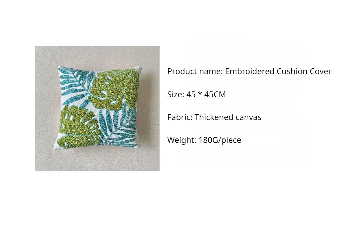 🌿 Green Leaf & Sunflower Embroidered Pillow Cover – 18 x 18 inches Boho Modern Cushion Cover for Sofa, Chair, or Car